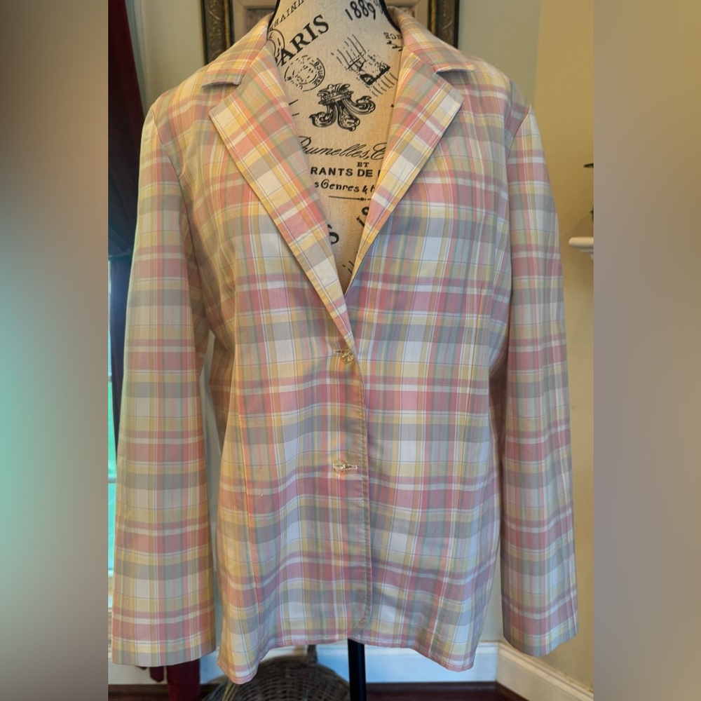 Vintage Cricket Lane Spring Summer Lightweight Blazer Pastel Plaid Pink Green